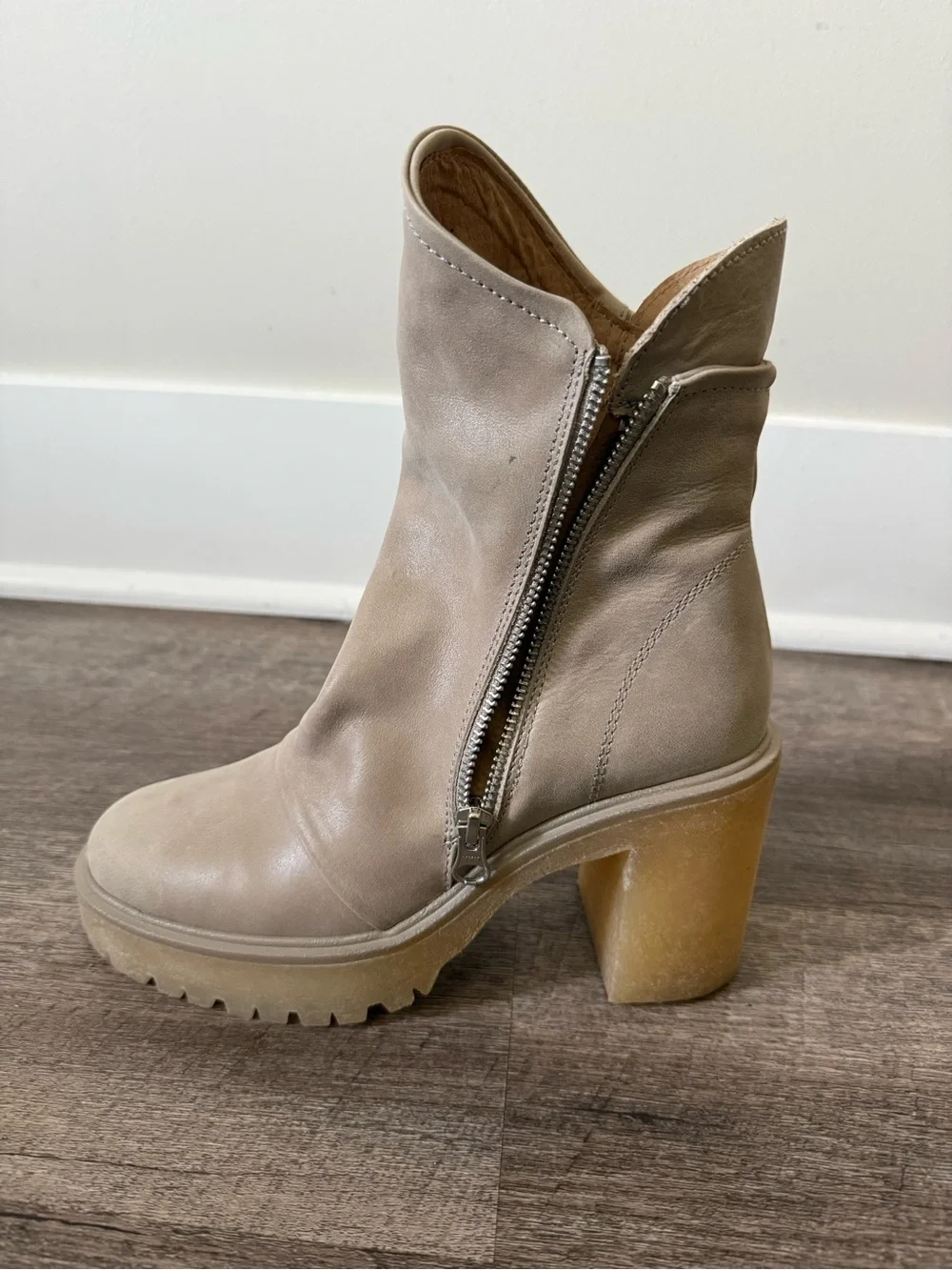 Free People Taupe Leather Zip-Up Chunky Heel Boots